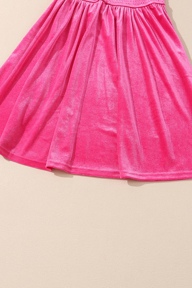 Frilled Neck Smocked Bodice Velvet Dress