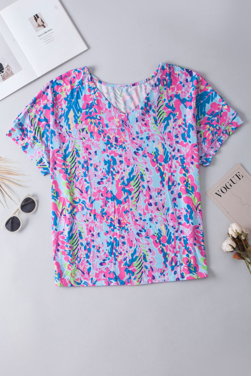 Sky Blue Plus Size Plant Print V Neck T-shirt