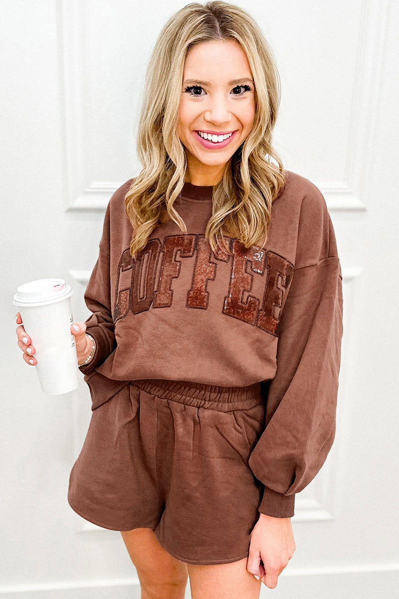 Black Sequined COFFEE Loose Fit Sweatshirt and Shorts Set