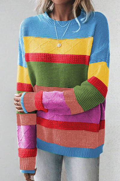 Yellow Colorblock Mixed Textured Drop Shoulder Sweater