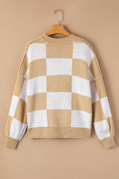 Rose Stripe Checkered Bishop Sleeve Sweater