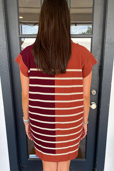 Brown Stripe Color Block Quarter Zip Collar Short Sleeve Sweater Dress