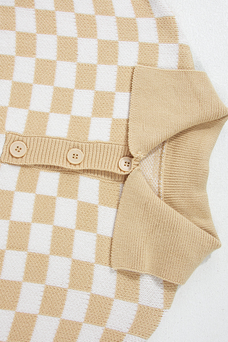 Apricot Checkered Buttons Collar V Neck Drop Shoulder Sweater