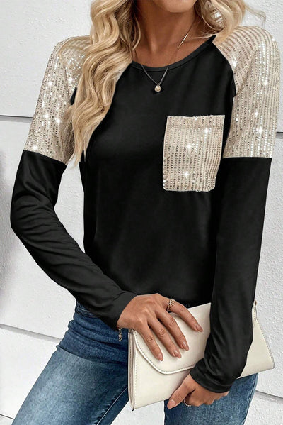 Sequin Patch Chest Pocket Raglan Sleeve Top