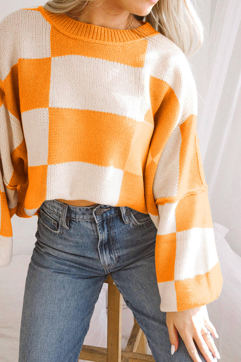 Rose Stripe Checkered Bishop Sleeve Sweater