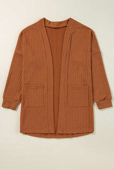 Textured Knit Side Pockets Open Front Cardigan