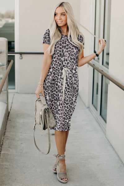 Leopard Short Sleeve Pocketed Drawstring Casual Dress