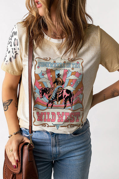 Khaki Bleached WILD WEST Cowboy Leopard Graphic Tee