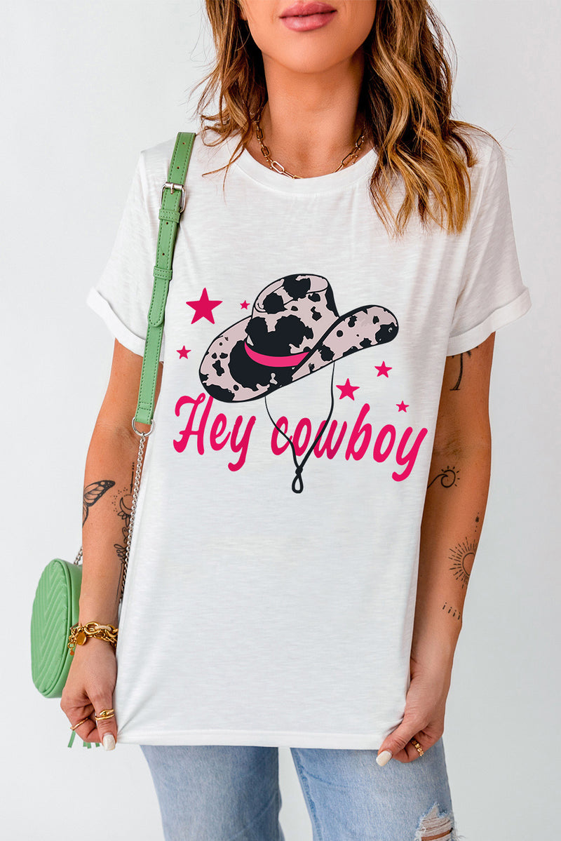 White Hey Cowboy Hat Star Print Round Neck T Shirt