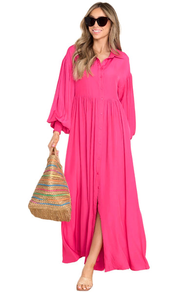 Rose Bubble Sleeve Shirt Maxi Dress