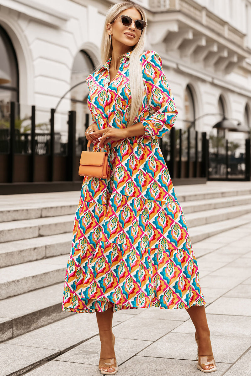 Multicolor Long Sleeve High Waist Dress