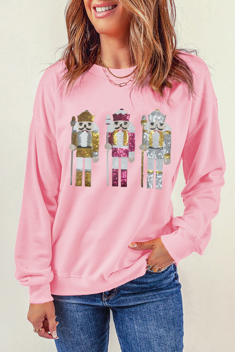 Pink Christmas Nutcracker Patched Drop Shoulder Sweatshirt