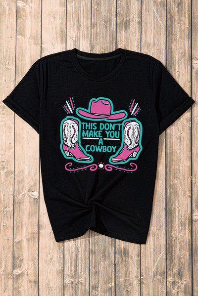 Black Western Hat and Boots Slogan Print Crew Neck T Shirt