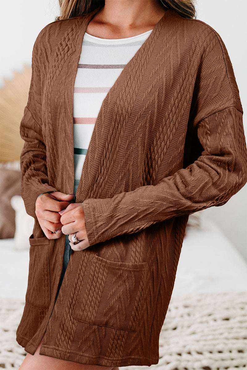 Solid Textured Open Front Cardigan with Pocket