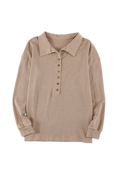 Khaki Button Front Turn-down Neck Knit Top