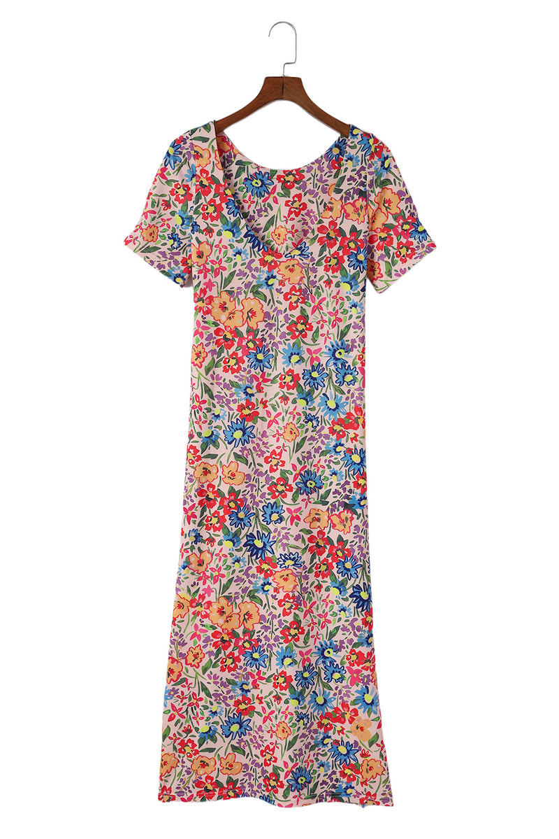 Multicolor Long Floral Print Short Sleeve Holiday Dress