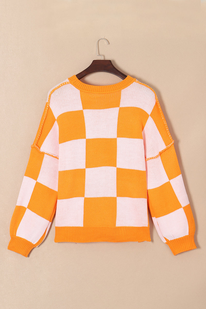 Rose Stripe Checkered Bishop Sleeve Sweater