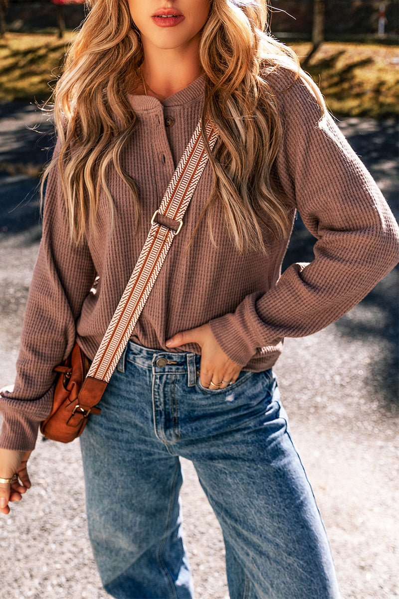 Chestnut Textured Knit Henley Long Sleeve Top