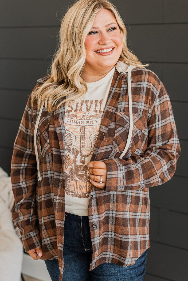 Brown Plus Size Plaid Contrast Button up Hooded Jacket