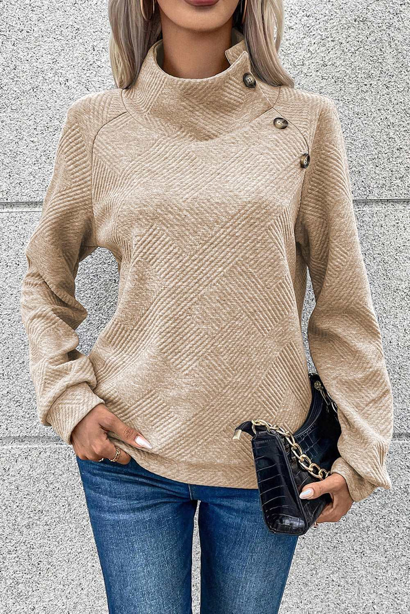 Asymmetric Buttons Detail High Neck Textured Sweatshirt