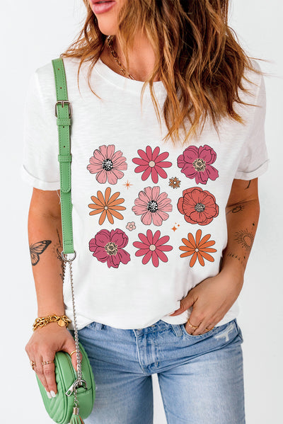 White Flower Graphic Crewneck T Shirt