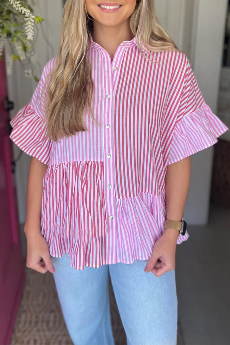 Pink Stripe Striped Patchwork Ruffled Hem Button up Shirt