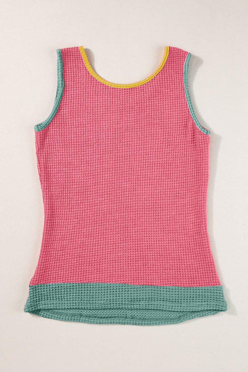 Rose Red Color Block Patched Pocket Breathable Knit Tank Top