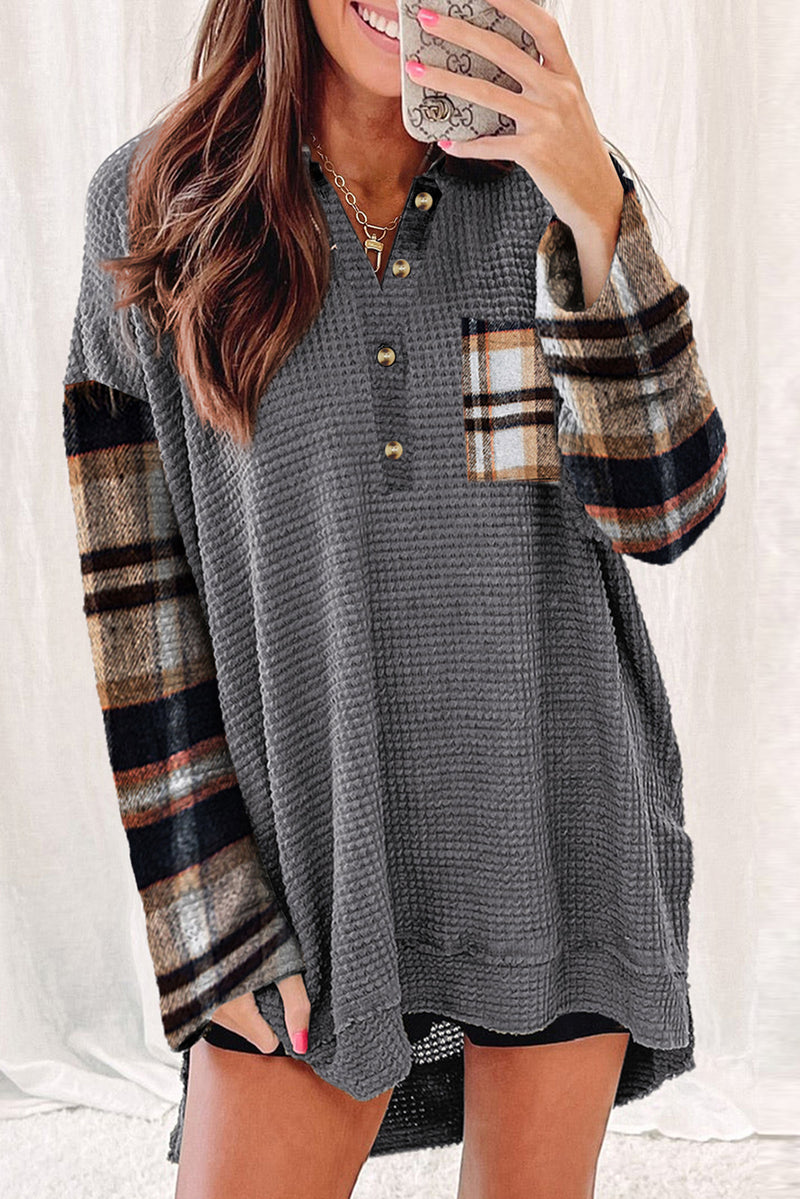 Dark Grey Loose Plaid Patchwork Textured Knit Henley Top