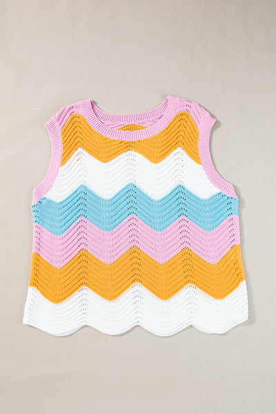 Multicolour Striped Colorblock Scalloped Hem Knitted Vest