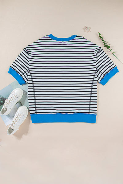 Sky Blue Stripe Oversized Contrast Trim Exposed Seam High Low T Shirt