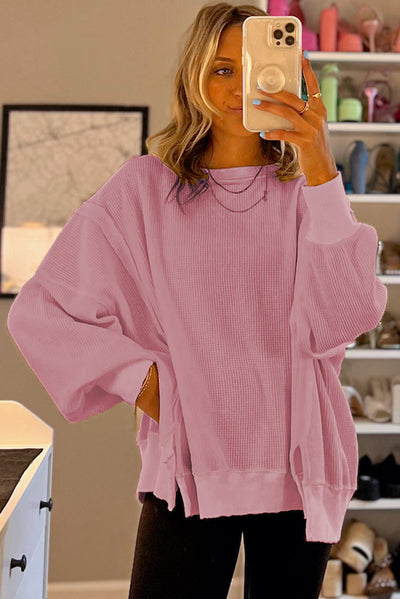 Pink Waffle Knit Bishop Sleeve Split Oversized Sweatshirt