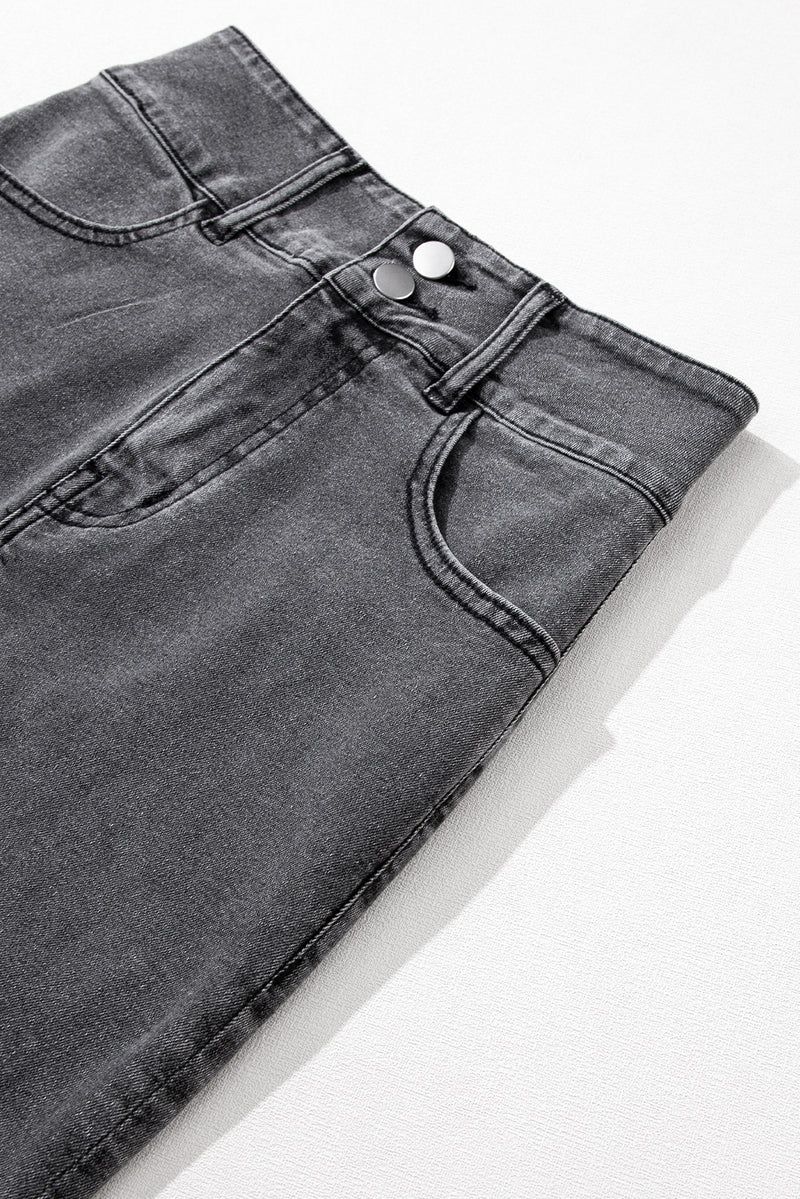 Black Raw Edge Side Slits Buttoned Midi Denim Skirt