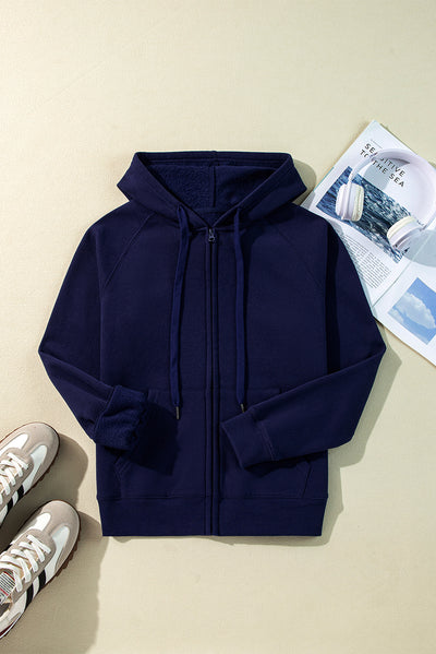 Navy Blue Solid Color Fleece Lined Zip up Hoodie