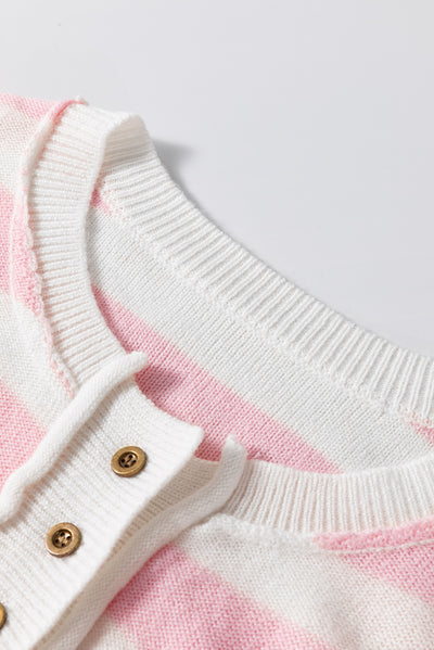 Pink Stripe Half Buttons Drop Shoulder Sweater