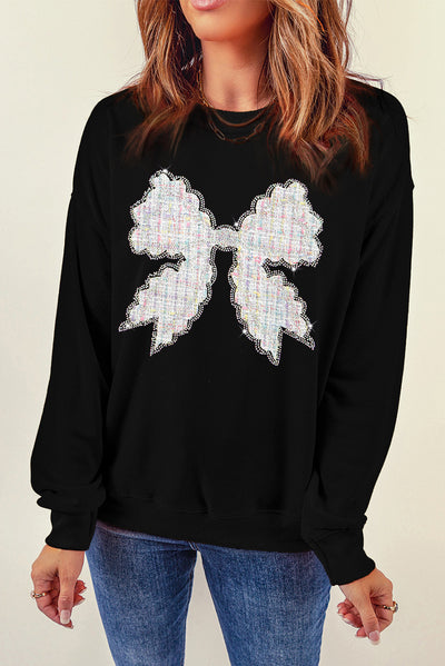 Black Rhinestone Decor Bowknot Graphic Pullover Sweatshirt