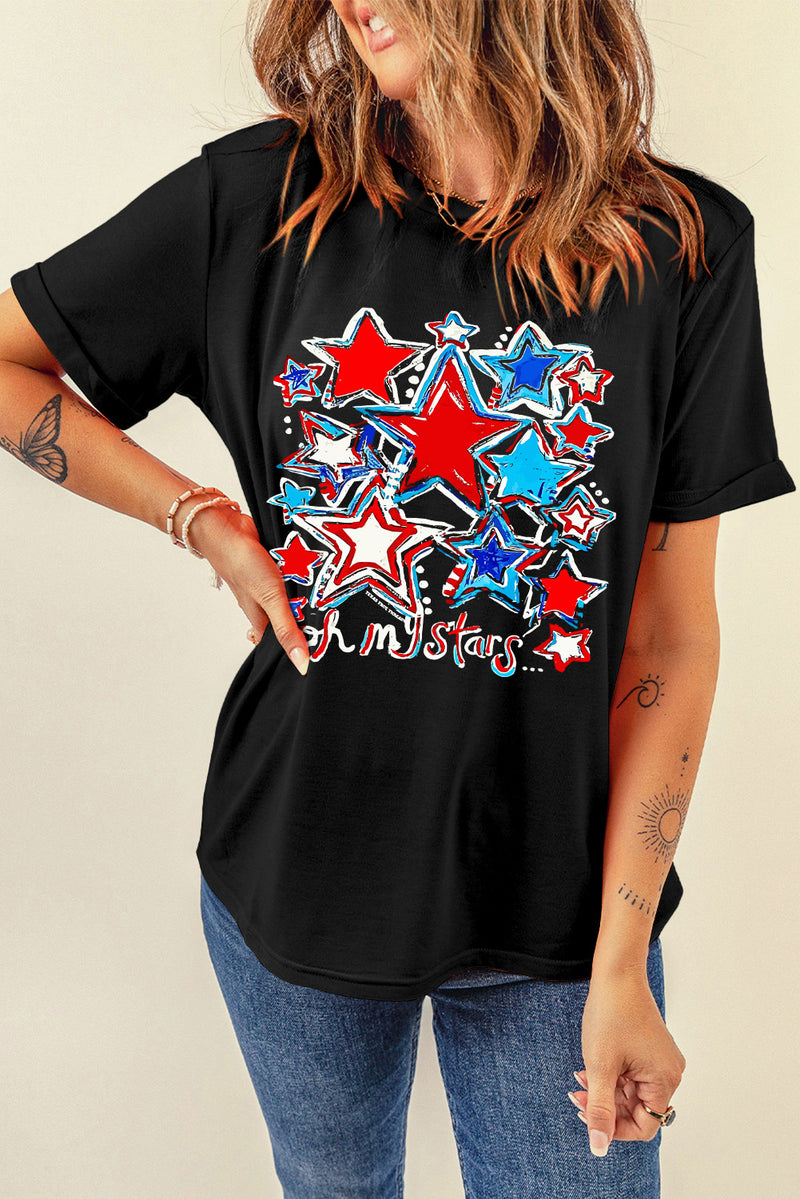 Black oh my stars Printed Flag Day T Shirt