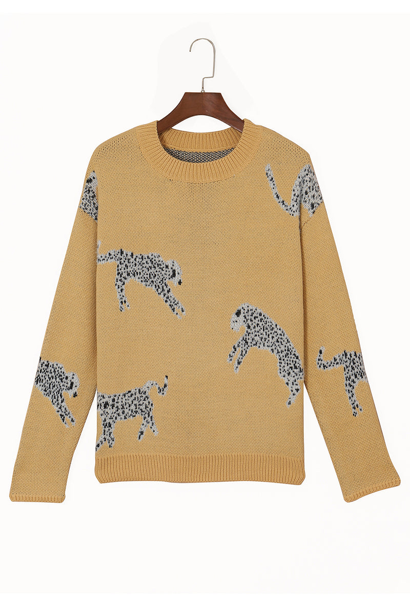 Camel Fuzzy Cheetah Accent Round Neck Sweater