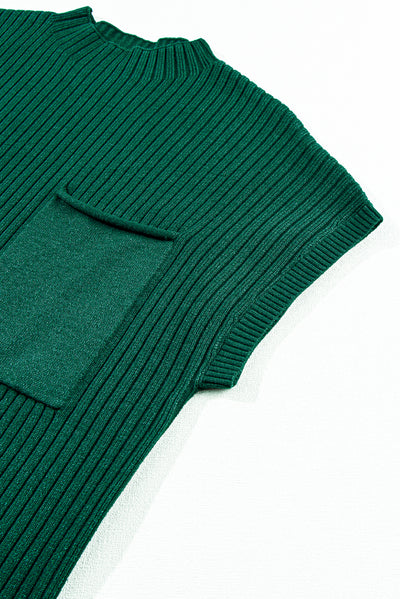 Pocket Ribbed Knit Short Sleeve Sweater Dress