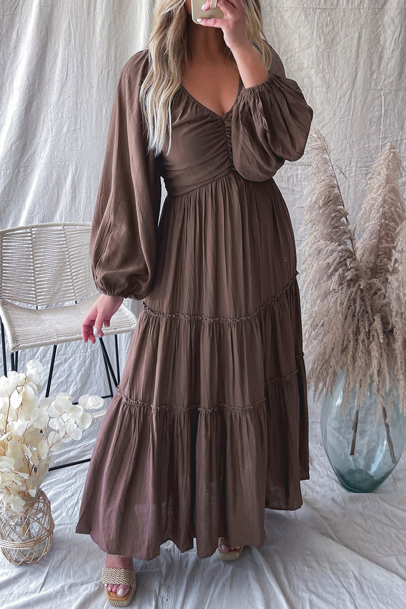 V Neck Bowknot Cutout Frill Tiered Maxi Dress