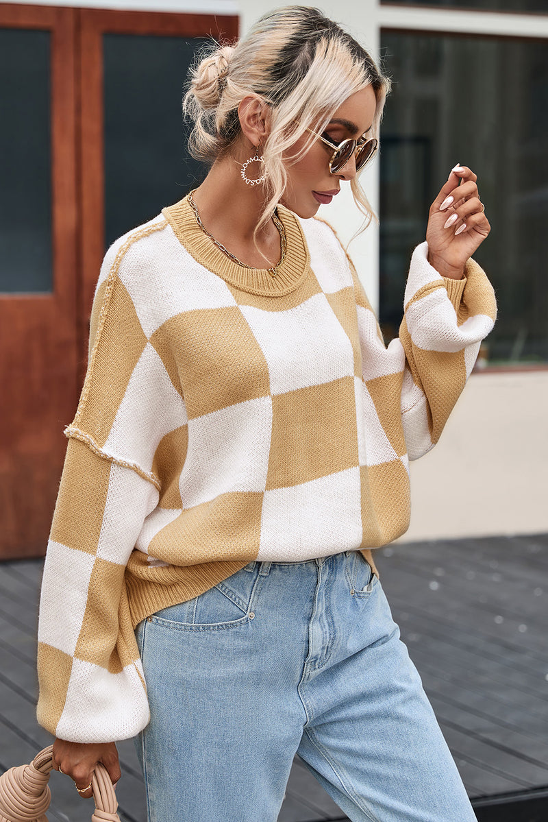 Rose Stripe Checkered Bishop Sleeve Sweater