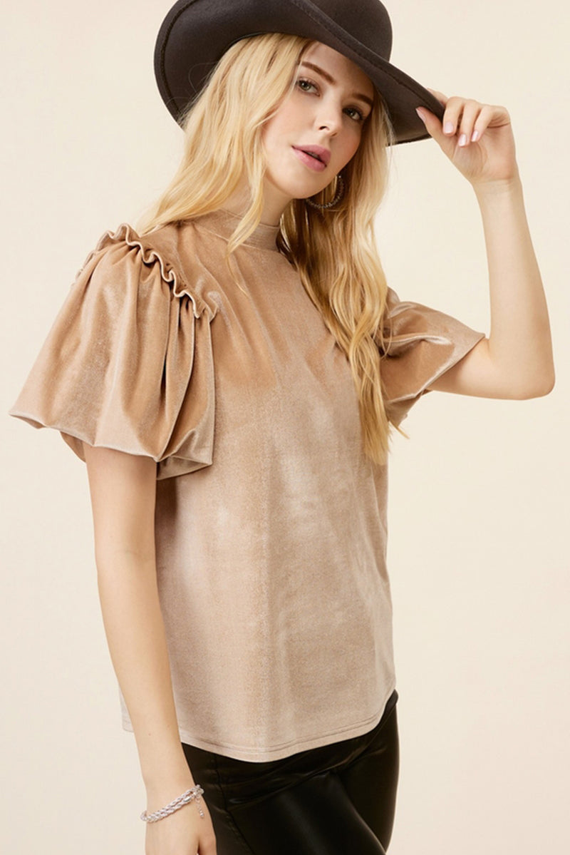 Light French Beige Frilly Puff Sleeve Mock Neck Blouse