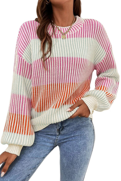 Brown Colorblock Textured Knit Bubble Sleeve Sweater