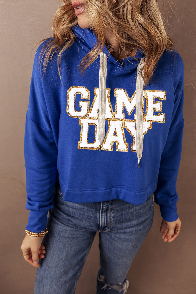 Dark Blue Glittering GAME DAY Patched Cropped Drawstring Hoodie