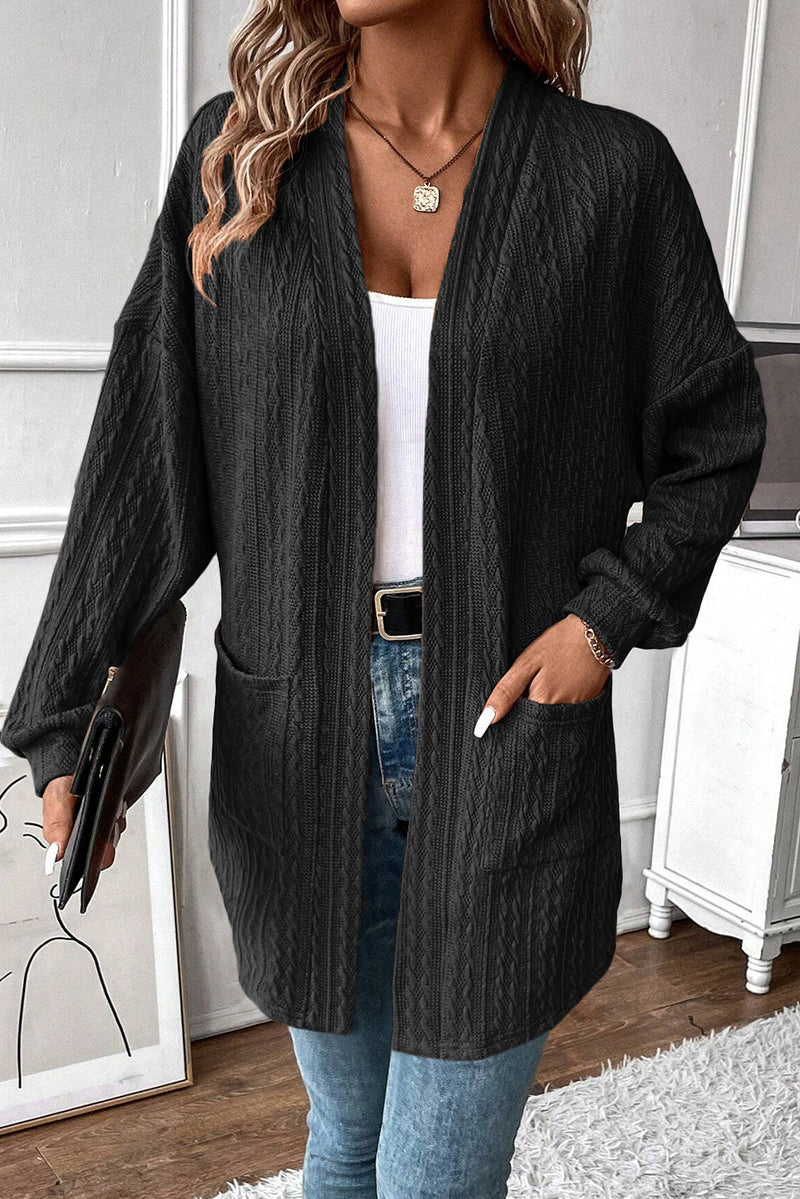 Textured Knit Side Pockets Open Front Cardigan