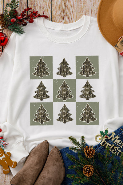 Beige Christmas Tree Checker Print Drop Shoulder Sweatshirt