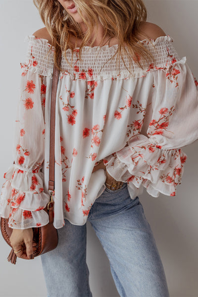 White Floral Print Shirred Off Shoulder Ruffled Sleeve Blouse