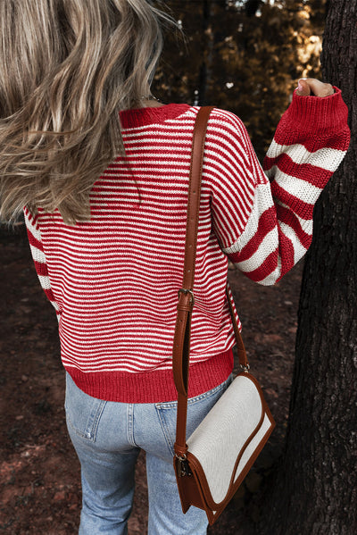 Red Stripe Geometric Textured Drop Shoulder Sweater