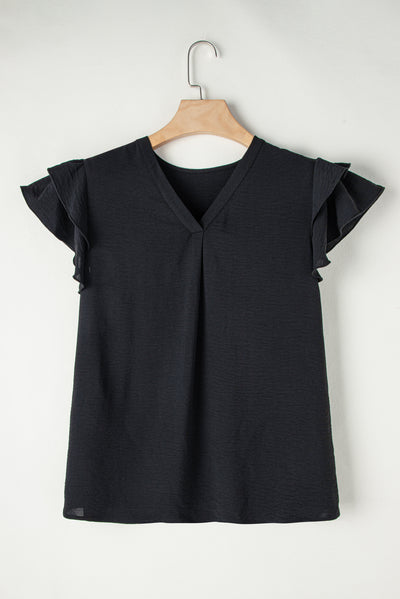 Black Ruffled Short Sleeve V Neck Plus Size Blouse