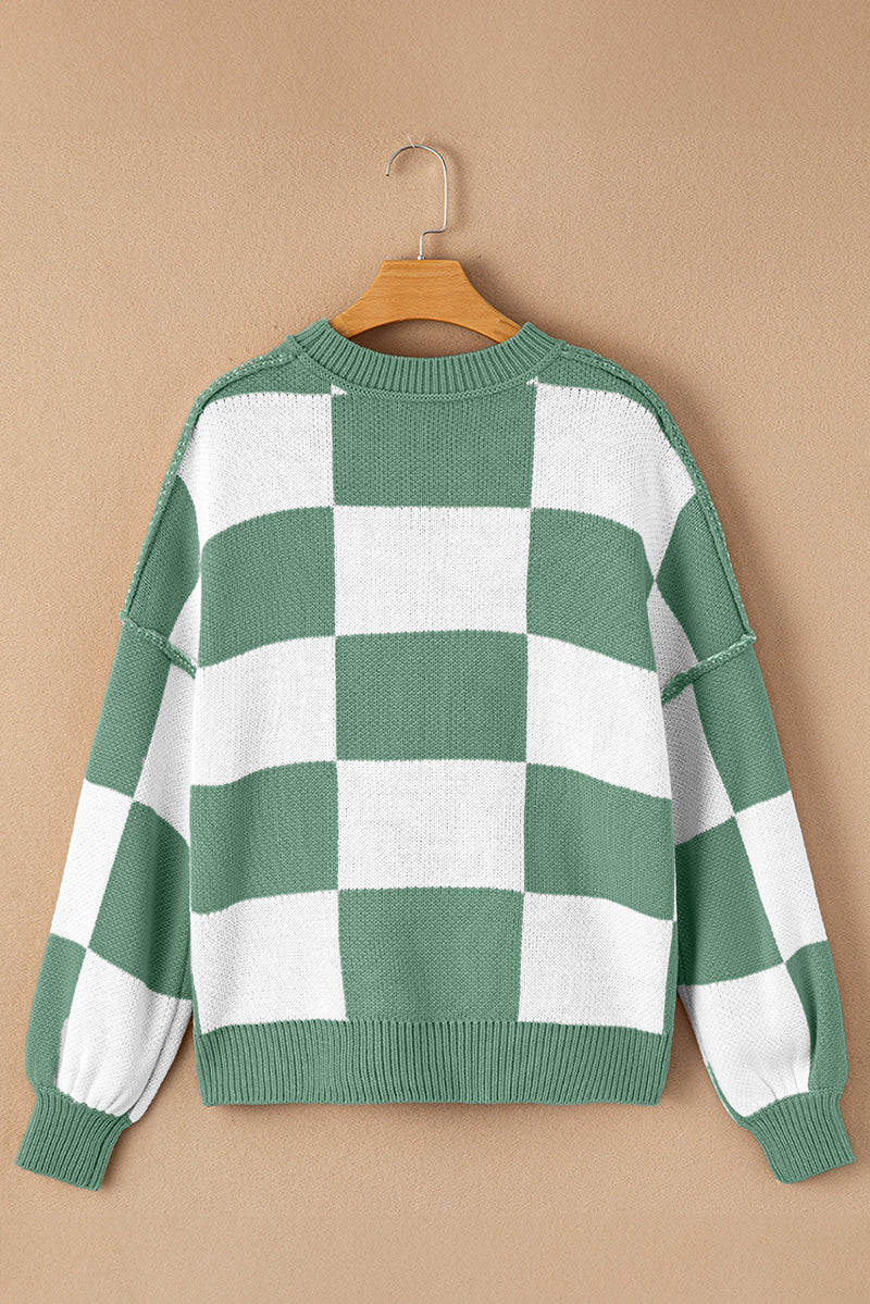 Rose Stripe Checkered Bishop Sleeve Sweater