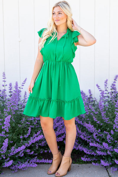 Split V Neck Elastic Waist Ruffled Dress